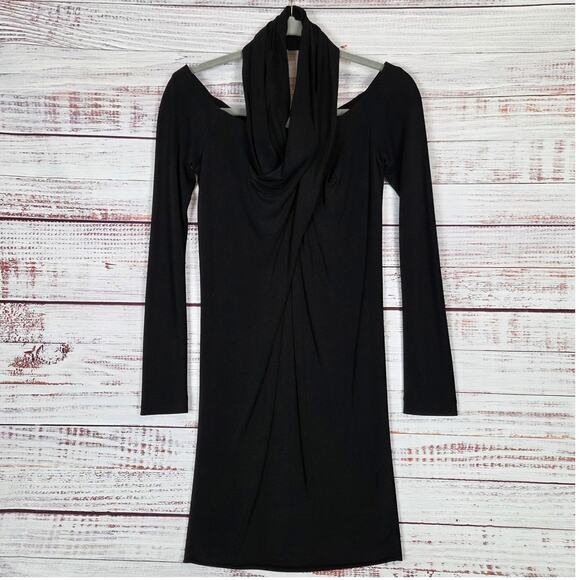 Alexander Wang Black Off Shoulder Halter Dress Sz 4 Silky Shapely Glam Lux Party - Picture 2 of 15